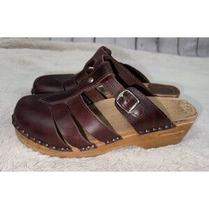 TROENTORP Women’s Mary Jane Leather Open Back Clogs Size 38/8-8.5 Brown Heels